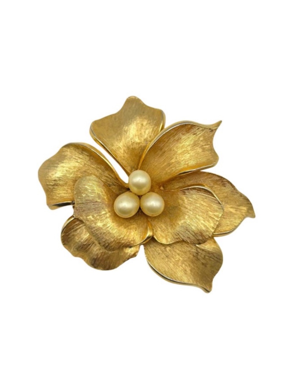 Vintage Large Gold Tone Articukated Flower Brooch with Pearls